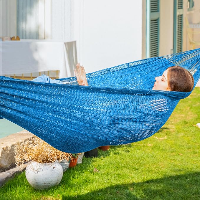 PNAEUT Handwoven Mayan Hammock, Thick Soft Rope Double Hammock for Outdoor Outside & Indoor, 600 lbs Capacity Heavy-Duty, Includes Tree Straps, Carabiners & Carrying Bag (Glacial Lake Blue, X-Large) - Image 6