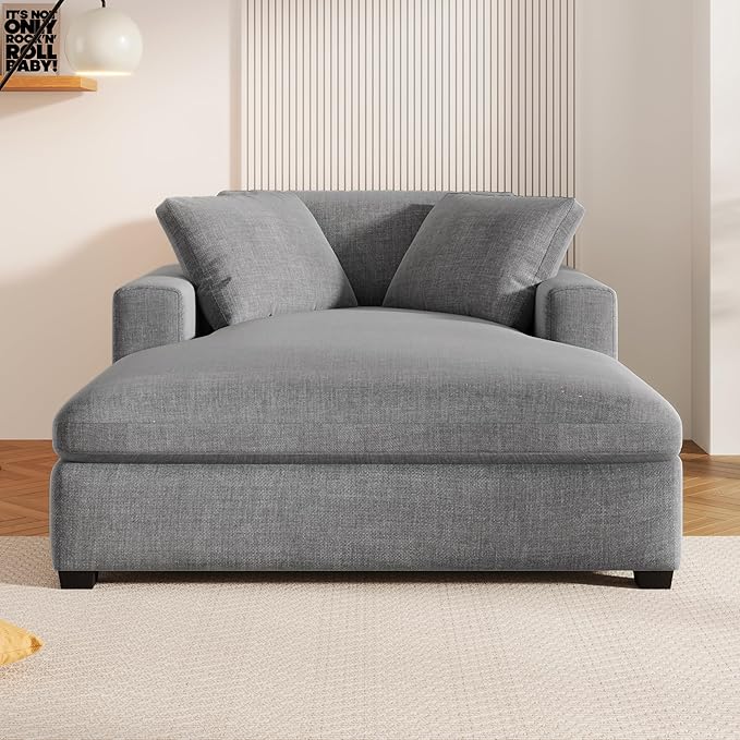 Christopher Knight Home Larrz Oversized Chaise Lounge Chair Indoor, Cozy Upholstered Sleeper Sofa Couch, Durable Wood Frame, Deep Seat Reading Chair with 2 Throw Pillows and Armrests, Gray