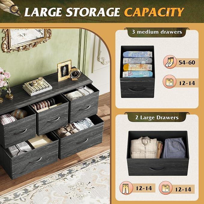 WLIVE Dresser for Bedroom with 5 Drawers, Long Storage Dresser, Fabric Dressers, Storage Drawer Unit with Fabric Bins for Closet, Hallway, Charcoal Black Wood Grain Print, Size L - Image 5