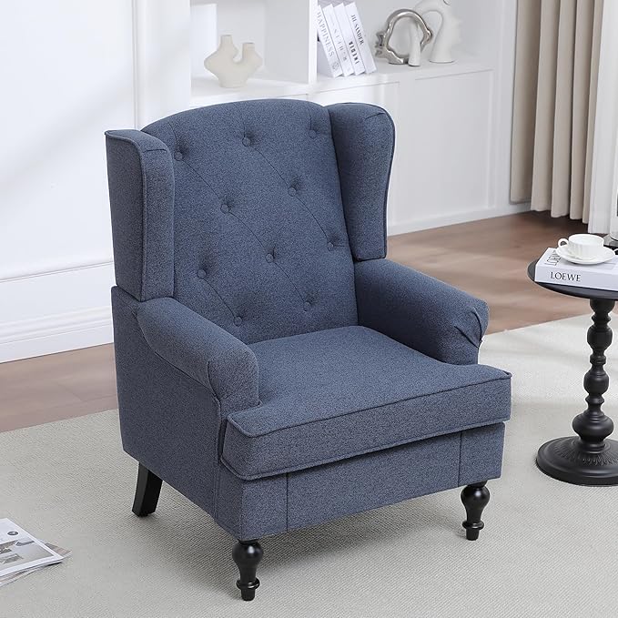 Accent Chair for Living Room, Mid Century Modern Upholstered Armchair, Wingback Chair with Tufted High Back and Solid Legs, Comfy Single Sofa Side Chairs for Bedroom, Blue