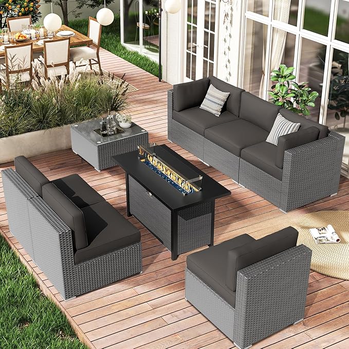 SUNCROWN Outdoor Patio Furniture Set 7 Piece Outdoor Sectional Sofa Grey Wicker Conversation Sofa Set with Coffee Table, Cushions and Fire Pit Table -Grey