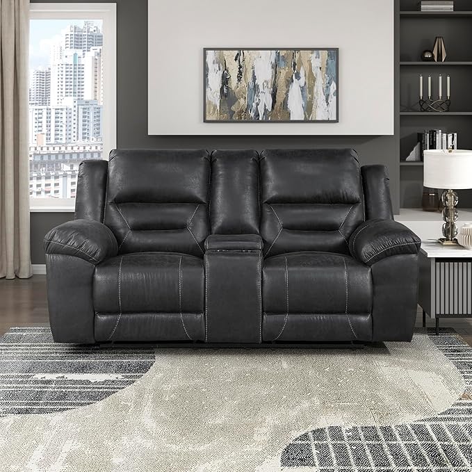 Lexicon Double Recliner Loveseat with Center Console, Wall Hugger Manual Reclining Couch, Textured Microfiber Upholstered Dual Reclining Love Seat, Home Theater Seating, Required Assembly, Black