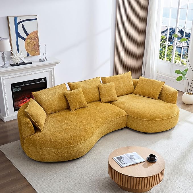 KEIKI 125" Luxury Curved Boucle Sectional Sofa with Right Chaise, Upholstered Modern Style Oversized 5-Seater Couch with Thickened Seat Cushions, Easy Assembly, for Apartment, Living Room, Yellow