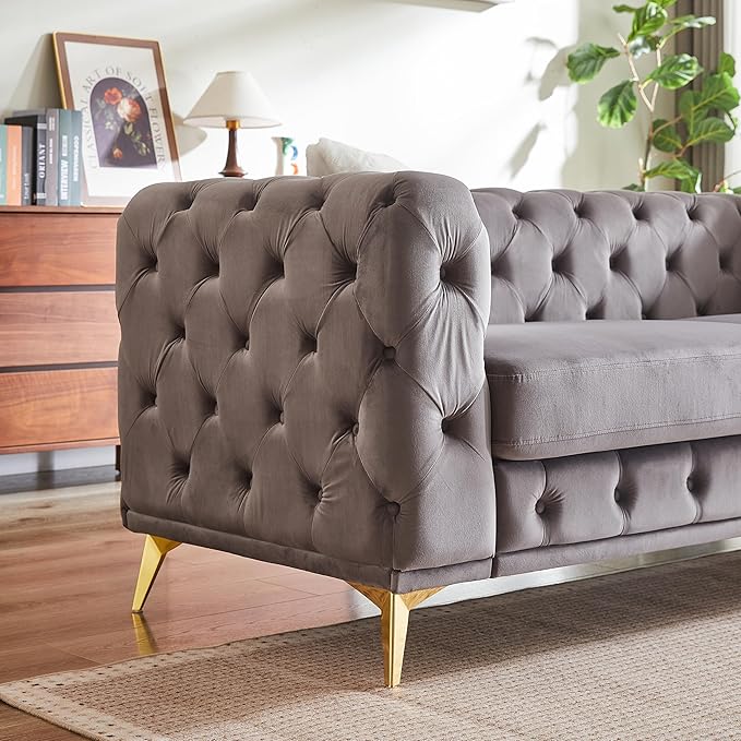 KEIKI 2-Piece Luxury Chesterfield Sofa Set with 2 Velvet 3-Seater Sofa, Mid-Century 6-Seater Tufted Buttons Couch Set with 4 Pillows & High-Density Foam Cushions, Easy Assembly, for Living Room, Grey