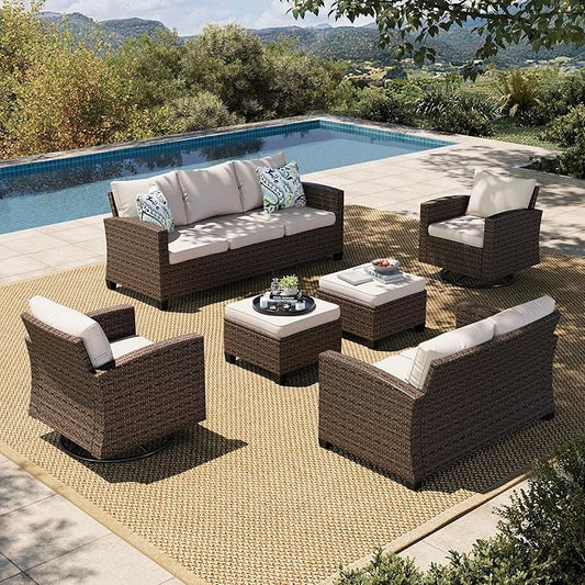 HERA'S HOUSE Outdoor Patio Furniture Set with Swivel Glide Chairs, 6 Pieces Wicker Patio Conversation Sofa Sets for Backyard Porch Deck, Beige
