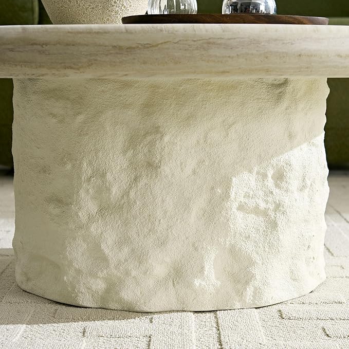 Round Coffee Table, 35.04" Fiberglass Imitation Stone Table Cement Rock Center Table for Living Room Apartment Office, No Need Assembly
