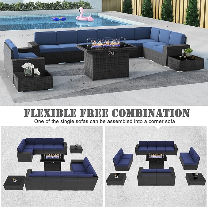 13 Pieces Patio Furniture Set with 44" Propane Gas Fire Pit Table, Outdoor Sectional Wicker Conversation Sofa Sets with Coffee Table