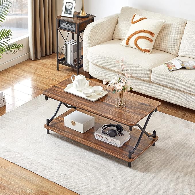 VECELO Coffee Table for Living Room with Round Corners Modern Farmhouse Center Table with Storage Shelf for Home Office 39 Inch, Easy Assembly, Retro Brown