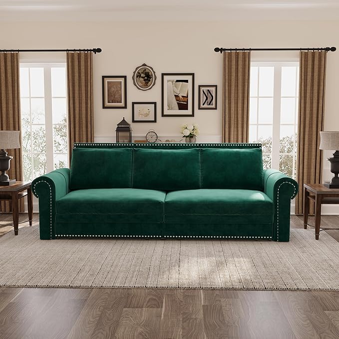 Eafurn 93.7" King Size Pull Out Sofa Bed, 3-in-1 Convertible Sleeper Sofa Couch Bed with Nailhead Decor and Rolled Arms, Velvet Oversized Chesterfield Loveseat Chaise Lounge
