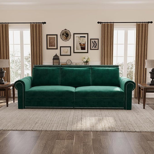 Eafurn 93.7" King Size Pull Out Sofa Bed, 3-in-1 Convertible Sleeper Sofa Couch Bed with Nailhead Decor and Rolled Arms, Velvet Oversized Chesterfield Loveseat Chaise Lounge