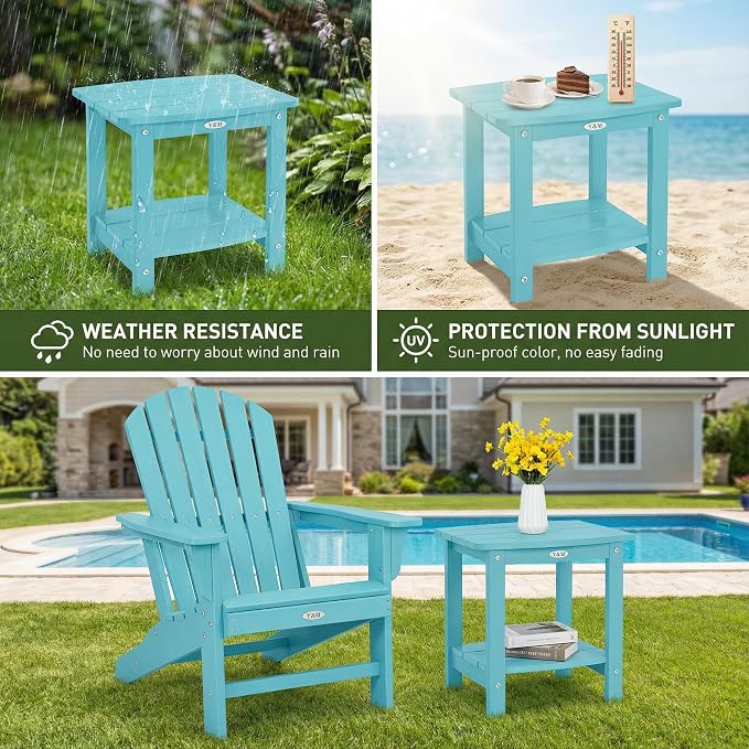 Y&M Outdoor Side Table, HIPS Adirondack Small Double Layer Table, Waterproof Square Outside Table, Balcony End Tables for Patio, Pool, Porch, Deck, Indoor or Outdoor Use, Light Blue - Image 4