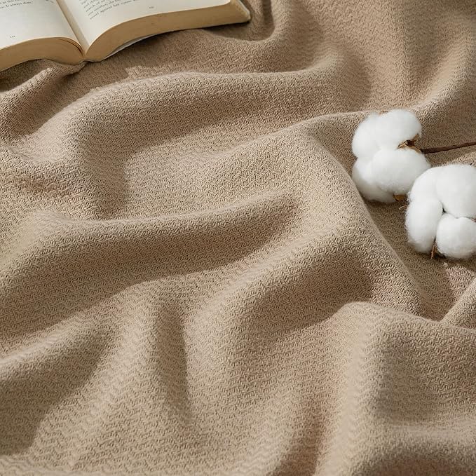 Bedsure GentleSoft 100% Cotton Blanket Full Size for Bed - Breathable and Lightweight, Soft Cozy Textured Herringbone Woven Blanket for Summer Spring, Linen Beige, 80x90 inches