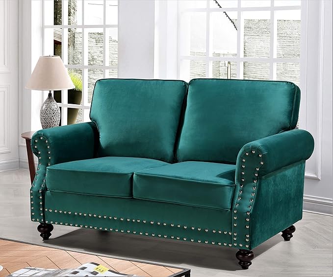 Lotus Mid Century Modern Velvet Upholstered Living Room Rolled Arms, Chair, Loveseat and Sofa, Green