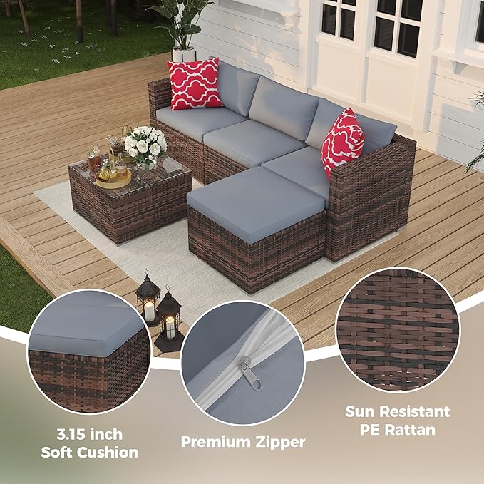 Garvee 5 Pieces Patio Furniture Set, Outdoor Glass Table and Cushions with Rattan Wicker Chairs, Patio Furniture Set for Porch, Balcony, Backyard, Garden, Brown & Grey