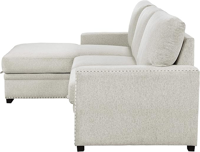Lexicon Mid Century Modern Sectional Sleeper Sofa Bed Couch with Storage Chaise, Sectional Sofa Pull Out Couch Bed, Sectional Couch Lounge Sofa for Living Room Apartment, Left Side Chaise, Beige