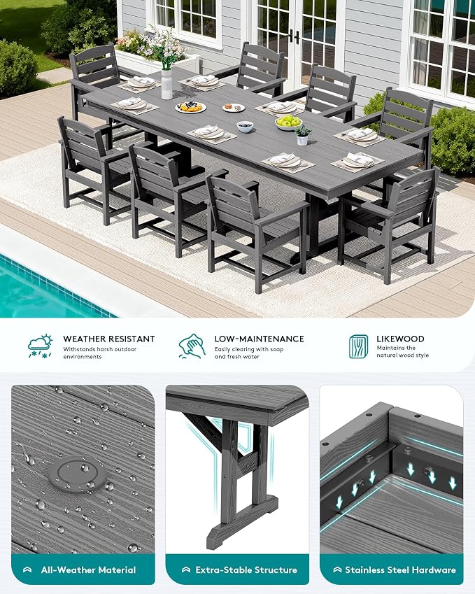 SERWALL 9 Piece Outdoor Dining Set, 84" HDPE Outdoor Table and Chairs for 8，All Weather Patio Furniture Set with Umbrella Hole for Backyard, Garden, Gray - Image 3