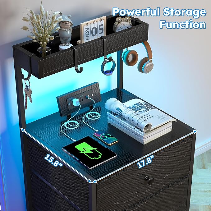 EnHomee Tall Night Stand Set of 2, Nightstand with Charging Station and Led Nightstand with 3 Drawers, Bedside Table with Drawers and Outlets, for Bedroom,Entryway, Hallway, 4 Hooks, Black - Image 5