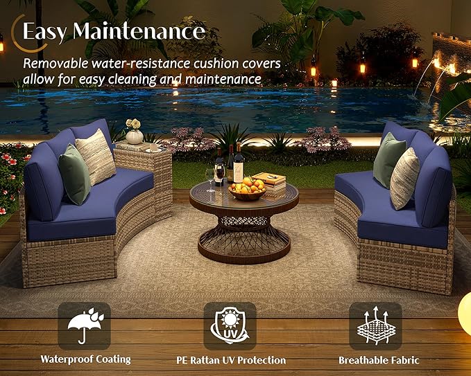 PaPaJet 6-Piece Patio Furniture Set, Half-Moon Wicker Sectional Sofa with Cushions, Waterproof Rattan Outdoor Conversation Set for Beach, Pool, Garden & Balcony, Blue