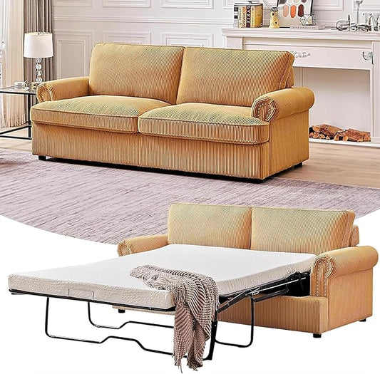 Reversible Sleeper Sofa Bed with Comfortable Memory Foam Mattress, Convertible Corduroy Full Size Pull Out Couch for Living Room, Space Saving Furniture, 76" Wide, Rounded Arms, Ginger