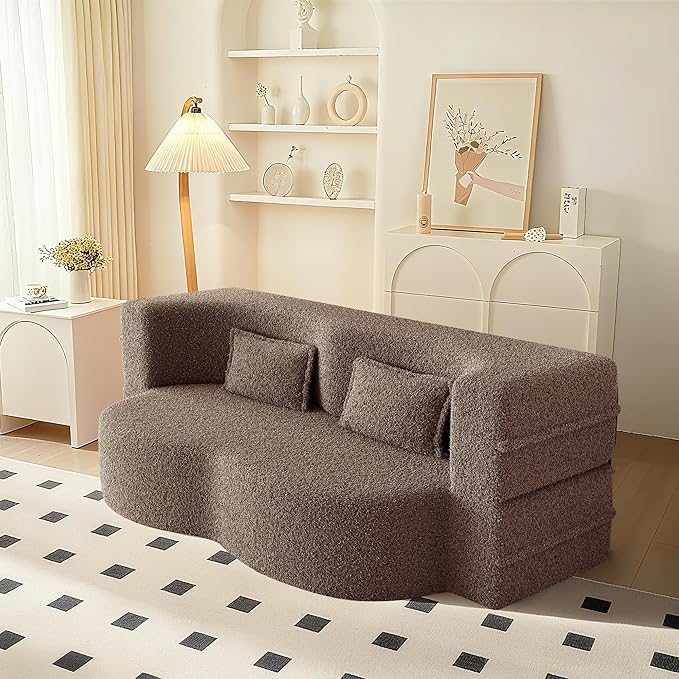 78" Convertible Sofa Bed, 2-in-1 Folding Floor Couch with 2 Pillows, Sleeper Sofa for Living Room and Bedroom, No Assembly Required (Brown, Teddy Fabric)