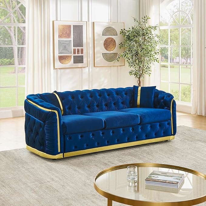 KEIKI 85" Luxury Oversized Velvet Chesterfield Sofa with 2 Pillow & Gold Stainless Decoration, Italian Modern Style 3-Seater Button Tufted Couch with Rolled Arms, Easy Assembly, for Living Room, Navy