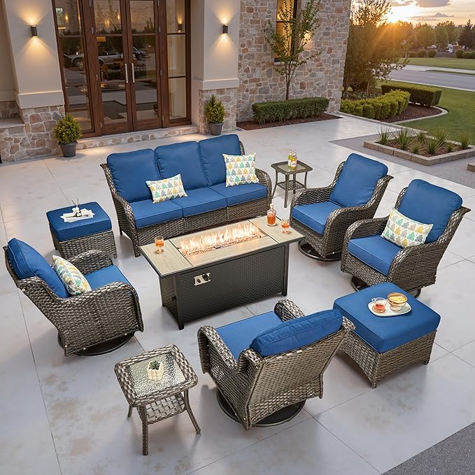 ovios 10-Piece Patio Furniture Set with Swivel Chairs Coffee Table, Outdoor Wicker Sofa with 54" Fire Pit Table, High Back Couch Modern Conversation Sets, Brown/Navy Blue