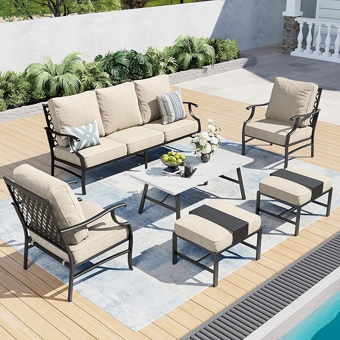 Patio Furniture Set, Modern Metal Outdoor Patio Furniture, 3 Seater Sofa, 2 Single Chairs, 2 Ottomans, Coffee Table and 5.75" Extra Thick Cushion, Patio Conversation Set for Backyard
