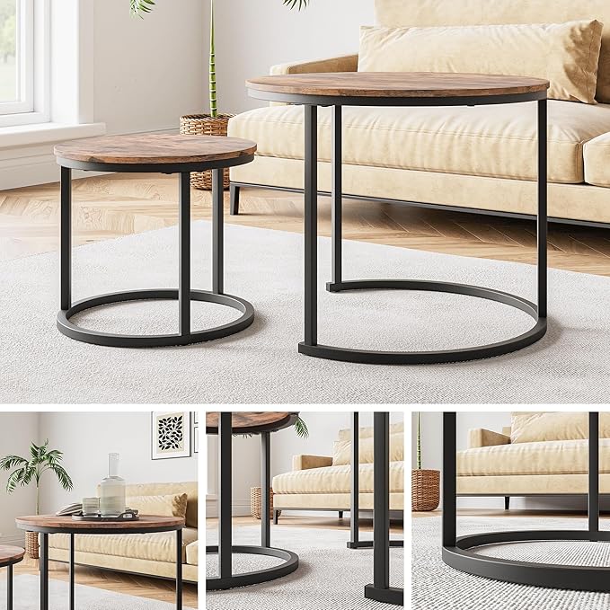 HOJINLINERO Small Coffee Table Living Room, Black Round Coffee Table Nesting Table Set of 2,Metal Frame with Wood Sofa Table,Sturdy and Easy Assembly,Stacking Side Table for Bedroom,Office,Balcony