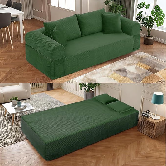 83" Modern Sofa in a Box, No Assembly Oversized 3 Seater 28" Deep Seat Cloud Sofa Bed Couch with 4 Furry Pillows & Corduroy Fabric, Boneless Couch with Side Storage Pockets for Living Room, Green