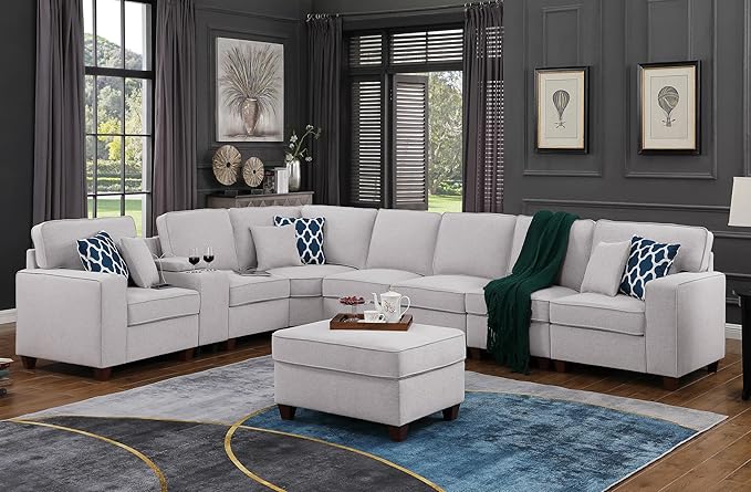 ERYE 151-Inch U-Shaped Sectional Sofa Linen Upholstered Corner Convertible Sectional,9 PCS Modular Couch with Ottoman,Storage Console, Cupholders and Charging Station