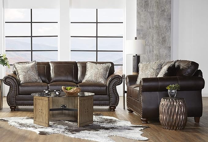 Leinster Faux Leather Sofa and Loveseat with Antique Bronze Nailheads in Espresso