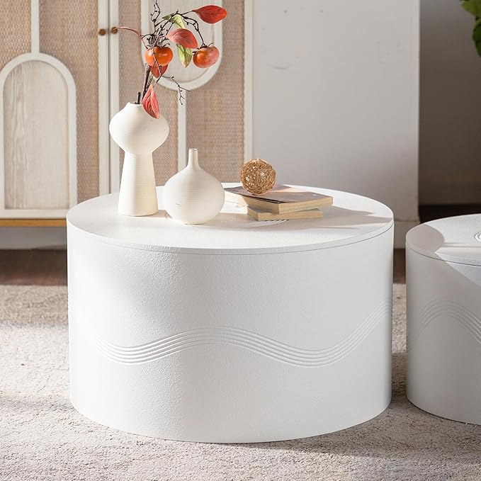 kevinplus 46.46'' White Round Coffee Table Set of 2 with Storage Space, Modern Circle Fluted Drum Nesting Coffee Table for Living Room, No Assembly, White