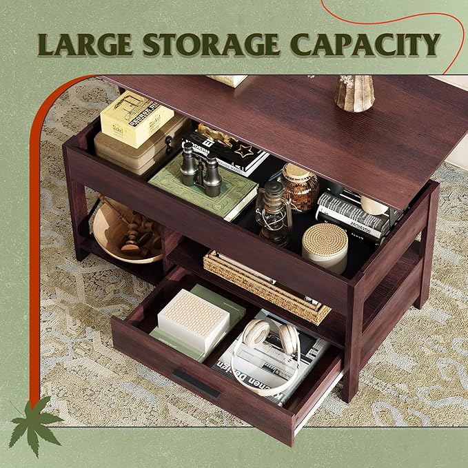 WLIVE Coffee Table, 39" Lift Top Coffee Table with Hidden Compartment, Storage Drawers and Storage Shelf for Living Room, Reception Room, Espresso