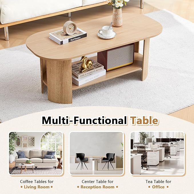 Oval Coffee Table for Living Room, 43.3” Farmhouse Coffee Tables with Storage, 2-Tier Wood Center Table with Storage Shelf Low Tea Table for Small Space, Home, Office, Easy Assembly (Natural)