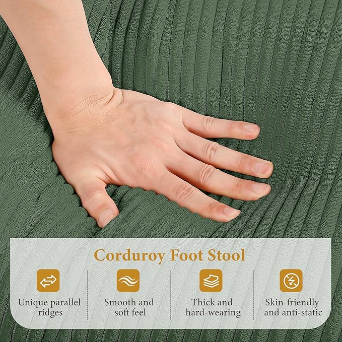 Vesgantti Large Ottoman for Modular Sofa, 29.5" Corduroy Pouf Ottoman with Spring Cushion, Rectangle Foot Rest for Couch, Entrance Footstool with Wood Legs, Footstool for Living Room, Bedroom, Green