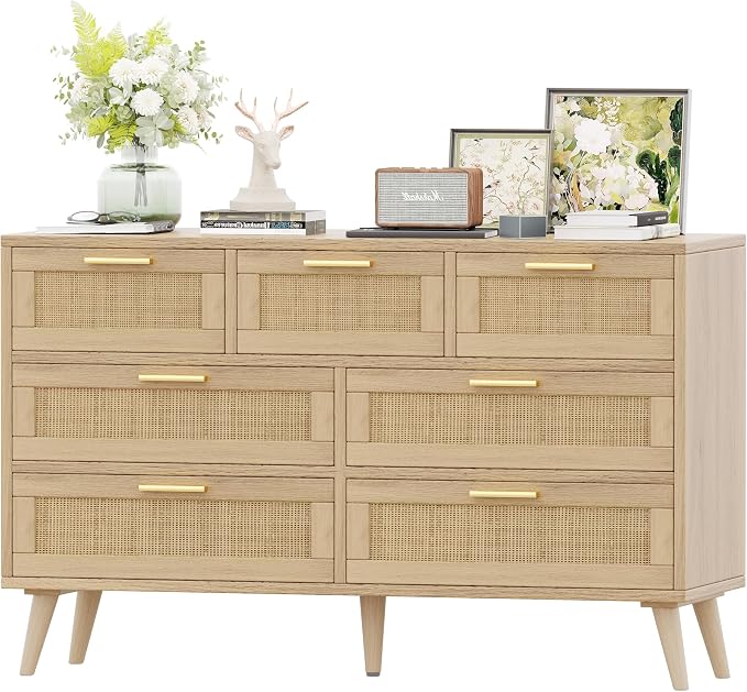 Rovaurx 7 Drawer Double Dresser for Bedroom, Rattan Chest of Dressers, Modern Wooden Dresser Chest with Golden Handles, Beside Table for Closet, Living Room and Entryway, Natural RDG004M - Image 7