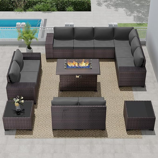 13 PCS Outdoor Patio Furniture Set,Outdoor Sectional Furniture with 43" 55000 BTU Gas Propane Fire Pit Table,All Weather PE Rattan Wicker Patio Conversation Set,Grey