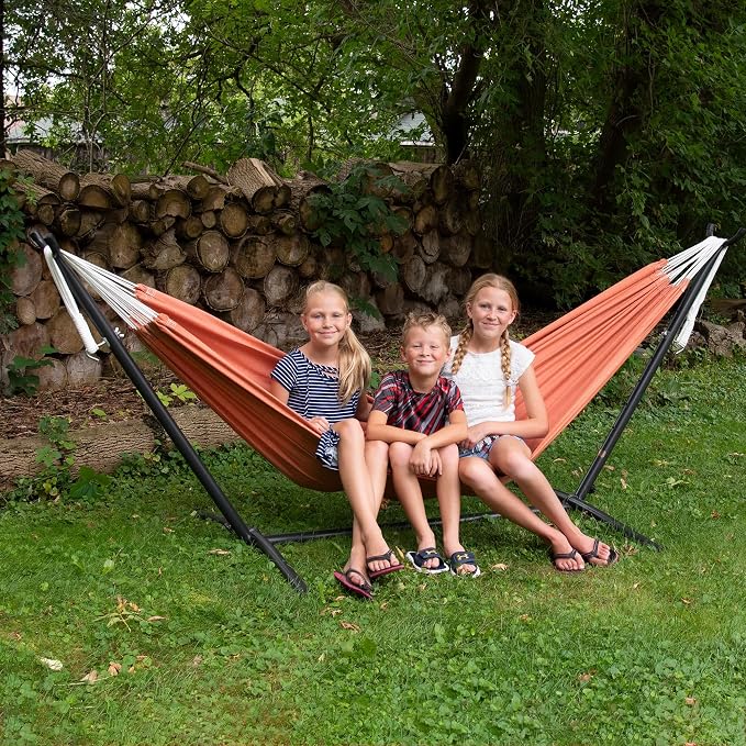 Vivere Double Sunbrella Hammock with Space-Saving Steel Stand, Heavy-Duty Portable Outdoor Hammock Set for Backyard, Patio, or Travel, Coral - Image 6