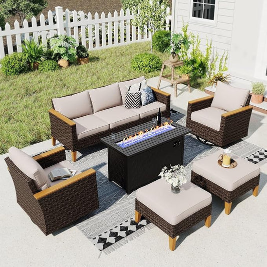 Sophia & William Patio Furniture Set with Fire Pit Table & Swivel Chairs, 8 Piece Outdoor Sectional Furniture Wicker Modular Sofa Couch, Conversation Set for Deck Backyard Lawn, Beige