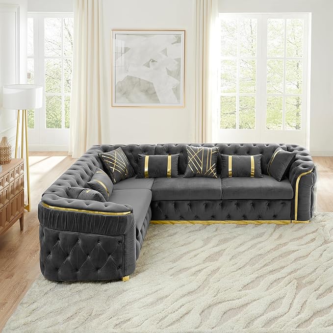 KEIKI 111" L-Shaped Luxury Velvet Chesterfield Sectional Sofa with Gold Stainless Steel Accents and 7 Pillows, Mid-Century Oversized 5-Seater Button Tufted Couch, Easy Assembly, for Living Room, Grey