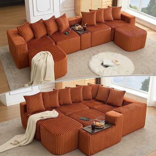 Oversized Cloud Modular Sectional Sofa Boneless Couch with Movable Ottomans,Free Combination Memory Foam Floor Couch with Charging Port & Cup Holders for Living Room | Coffee Table Board, Wireless Charge, No Assembly