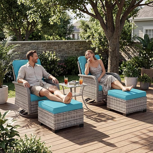 Outdoor Patio Furniture Set Patio Rocking Swivel Chair with Tempered Glass Side Table, Outdoor Wicker Rattan Bistro Set with Ottomans for Garden, Deck, and Balcony, Turquoise