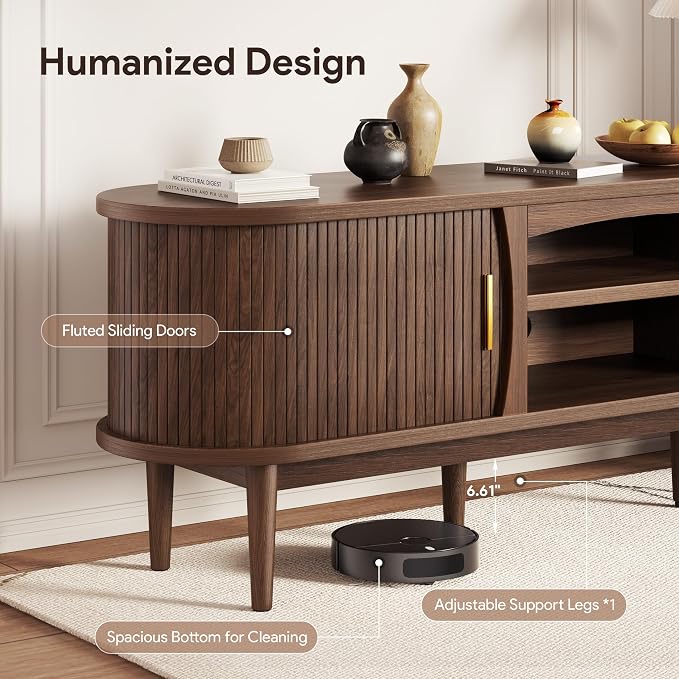 Decofy Mid Century TV Stand for TVs up to 80 Inches, Entertainment Center with Storage, Power Outlet, Fluted Sliding Doors & Adjustable Shelves, Modern Media TV Console Table for Living Room (Walnut) - Image 5