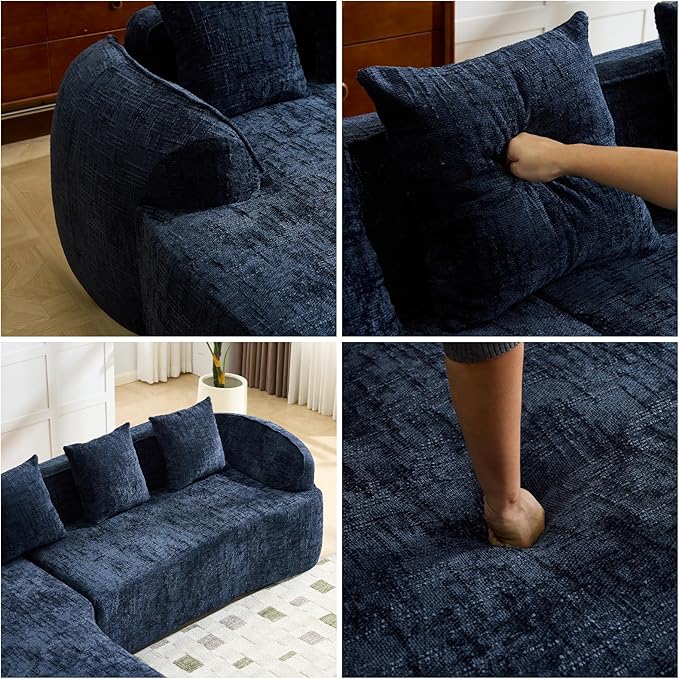 L Shaped Compression Sofa, Modular Couch with Curved Armrests & 4 Coordinating Pillows, Modern 101'' Chenille 4 Seater Sofa with Wide Seat for Living Room, Bedroom, No Assembly, Dark Blue