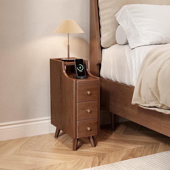 Narrow Nightstand with Drawers, 7.9" Solid Wood Nightstand with Open Shelf & Cable Hole, Modern Night Stand Slim Bedside Table for Small Spaces, Bedroom, Living Room, Study by IUNVR