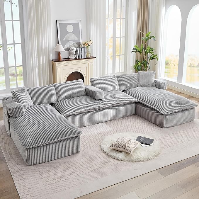 149" Oversized U Shaped Cloud Modular Sectional Sofa Boneless Couch with Double Chaise,Free Combination Convertible Floor Sofa Bed with Storage Pockets and Pillows | No Assembly
