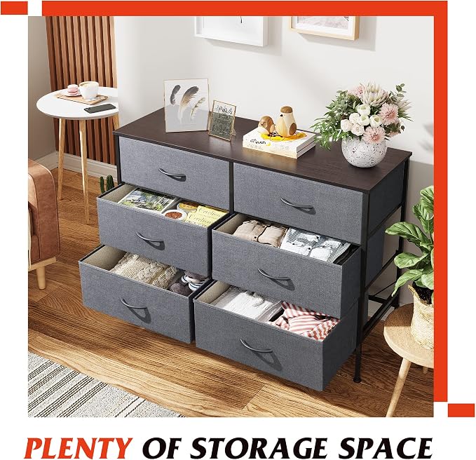 WLIVE Dresser for Bedroom with 6 Drawers, Wide Dresser TV Stand for 50 Inches TV, Grey Dresser with Metal Frame, Wooden Top, Fabric Dressers for Bedroom, Living Room, Hallway, Dark Grey - Image 5
