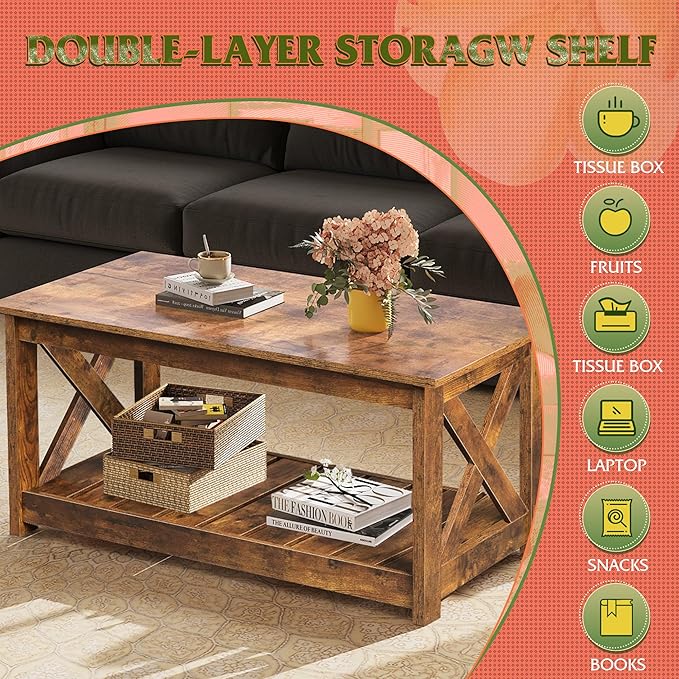 WLIVE Farmhouse Coffee Table for Living Room, 40.1" Rustic Center Table with X-Frame Support & Storage Shelf, 2-Tier Wood Coffee Tables for Bedroom & Balcony, Rustic Brown