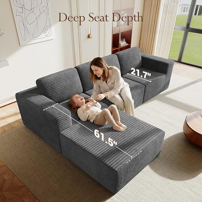 Vesgantti 119" L-Shaped Modular Sectional Sofa, Corduroy Cloud Couch with Deep Seating & Spring Support, Flexible Layout Sofa with Ottoman, Boneless Style, No Assembly Required, Grey