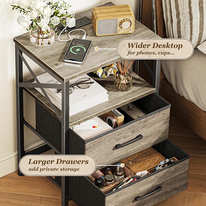 Huuger Night Stand with Charger Station, 2 Drawer Nightstand with Open Shelf, Bed Side Table with USB-C Port, End Table, Compact Size for Small Spaces, X Shaped Side Rail, Oak - Image 5